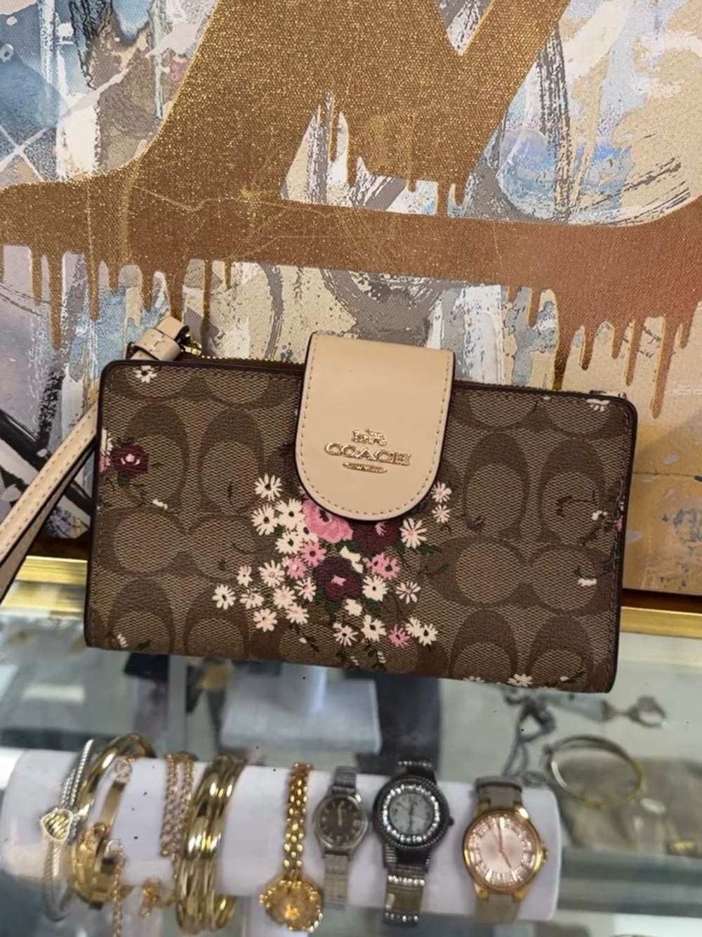 Coach Brown Signature Floral Wristlet with Cream Tab